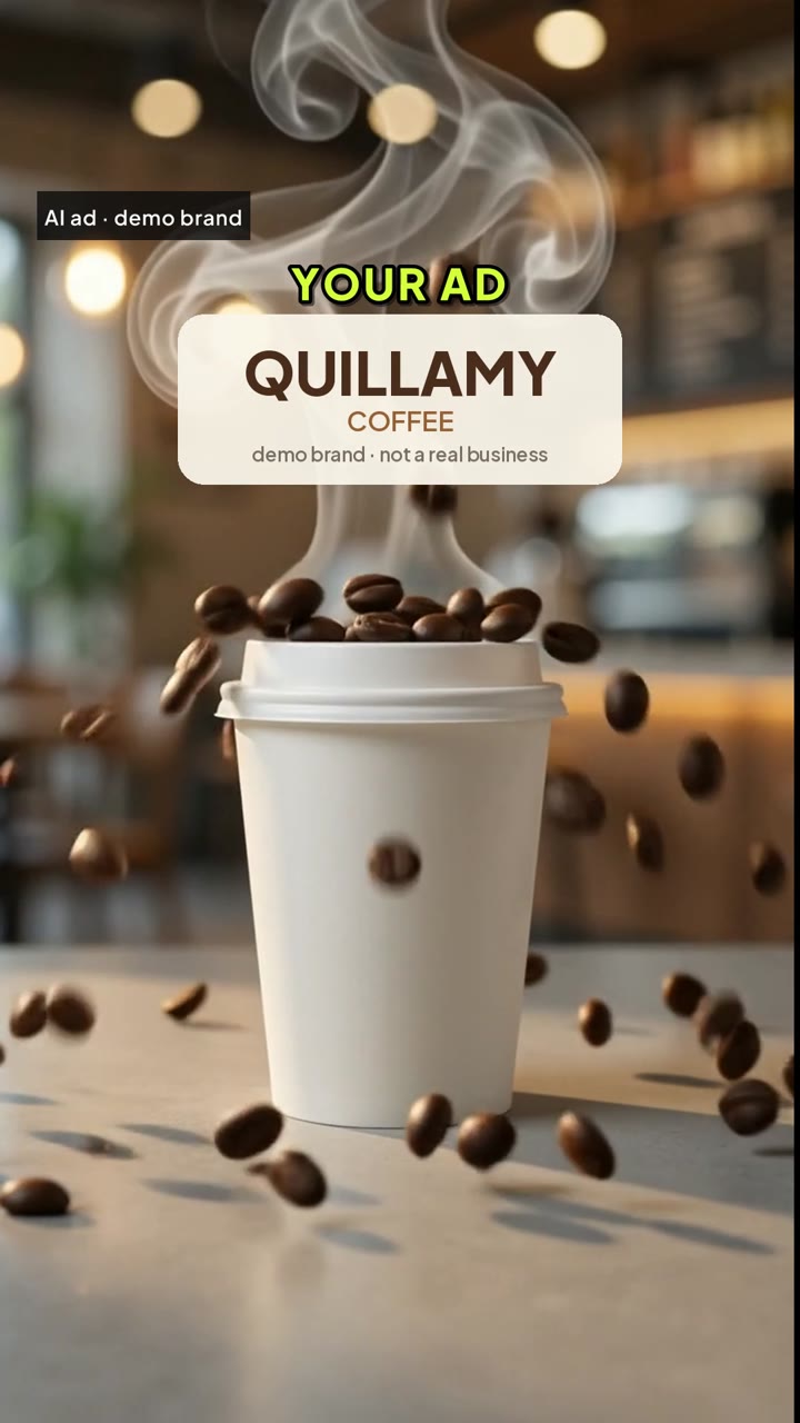 After: finished AI-generated demo ad for the fictional Quillamy Coffee